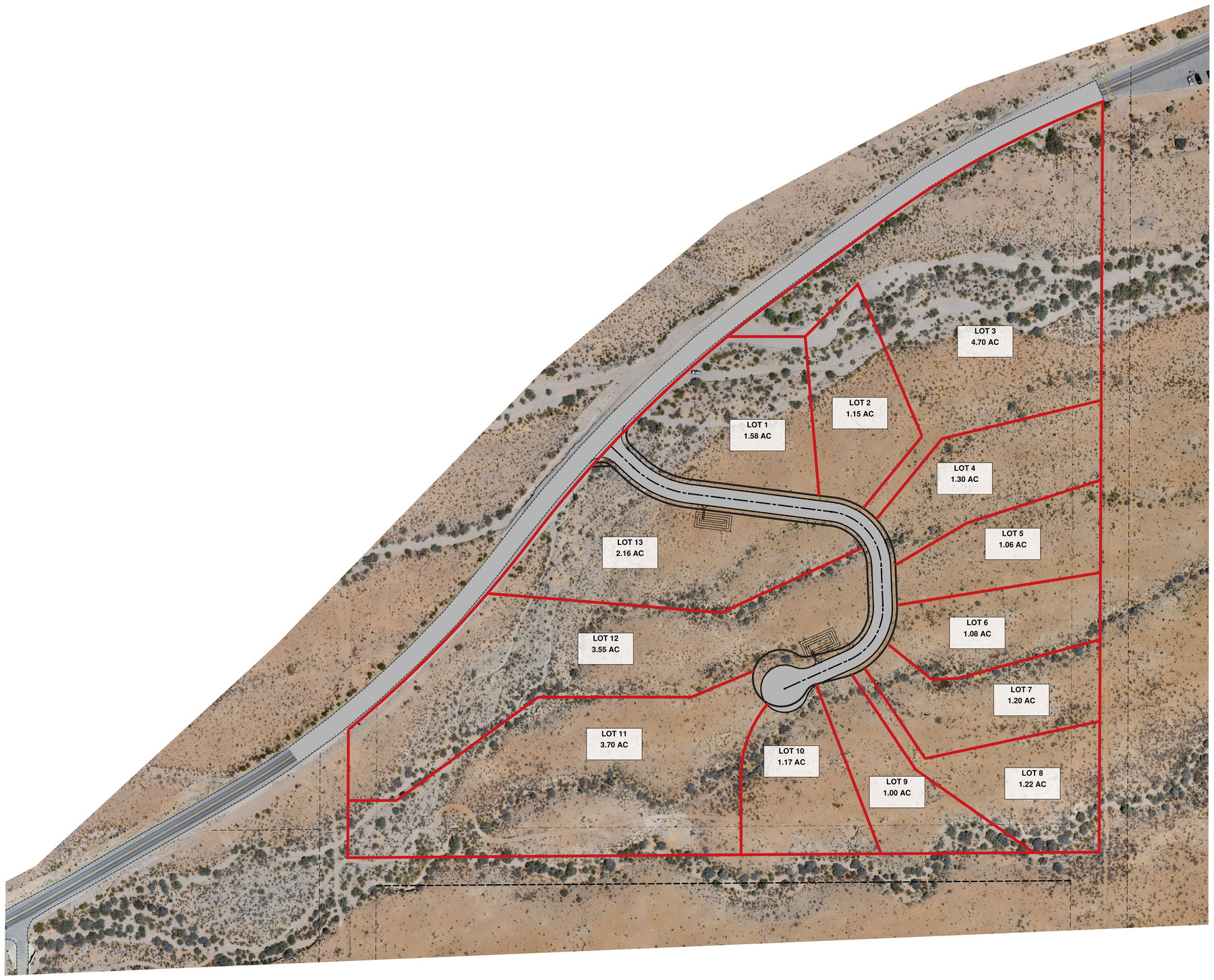 Lot layout showing thirteen lots along Alpenglow Circle off Dripping Springs Road